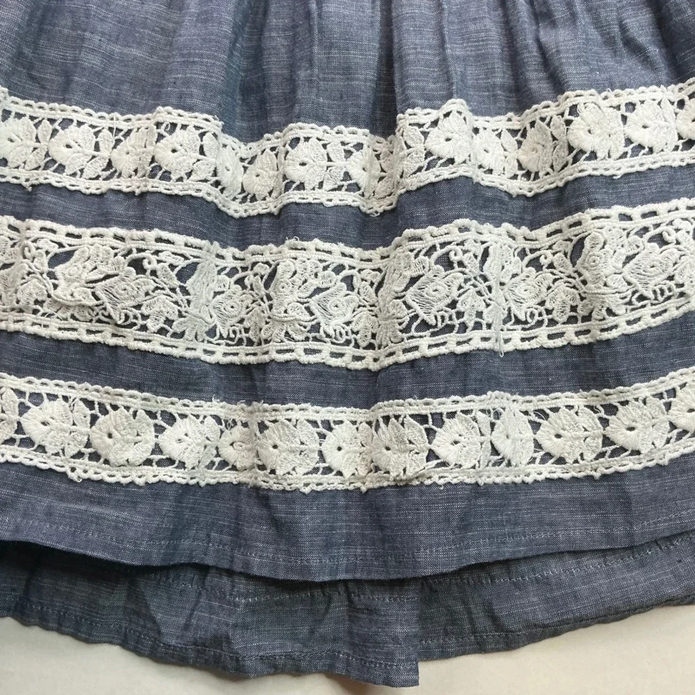 Kaisely Blue Chambray Lace Trim Open Back Dress Kids Size 10 Cottagecore Boho